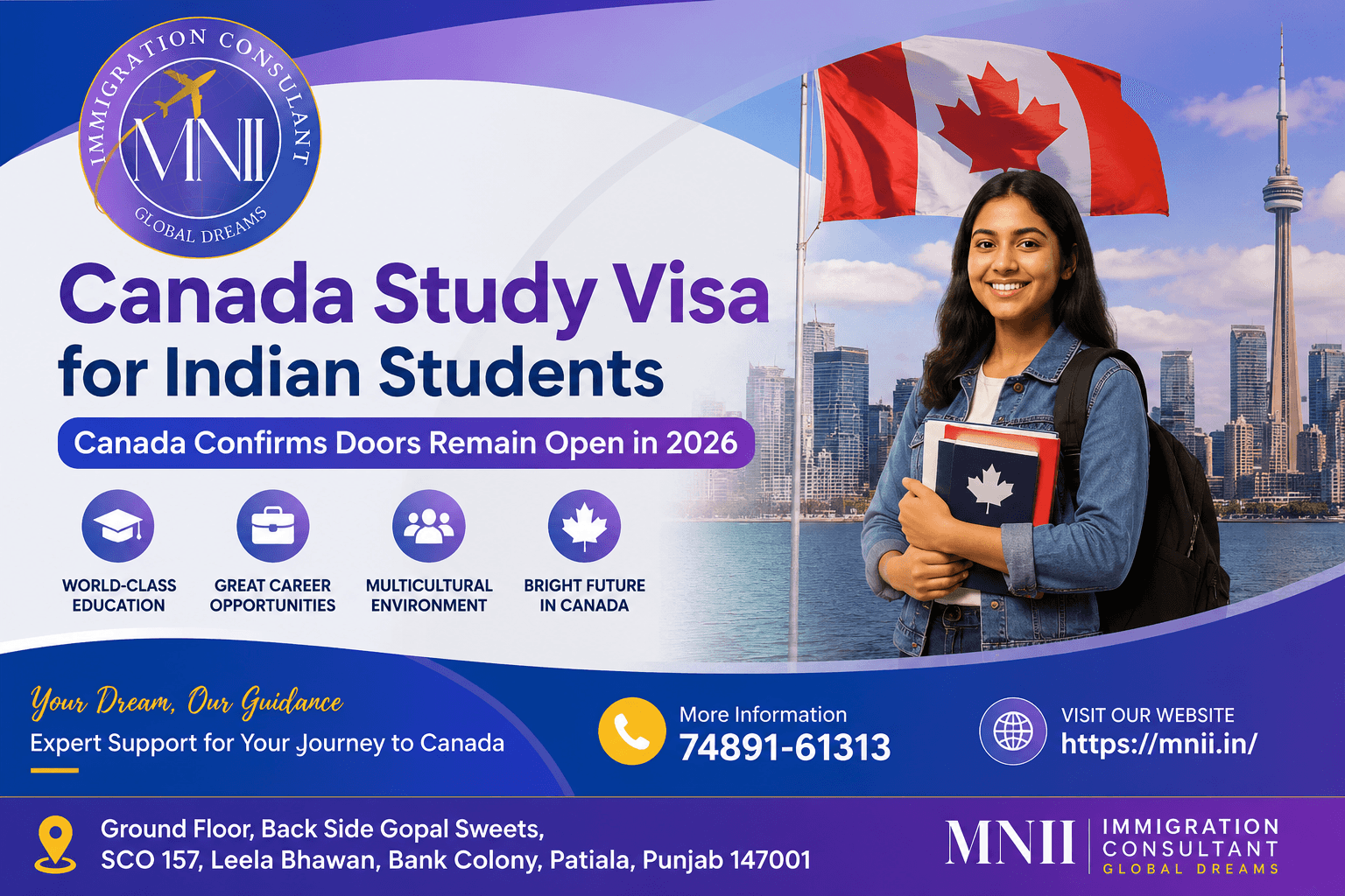 Canada Study Visa for Indian Students 2026 – MNII Immigration Consultant in Patiala Helping Students Study in Canada